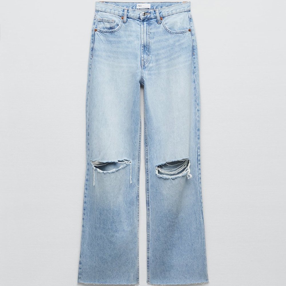 ZARA  WIDE LEG FULL LENGTH RIPPED JEANS - Picture 2 of 4
